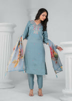 Ethnic Festive Wear Chanderi Viscose Sky Stitched Suit With Dupatta - Tanisha | Grocsy