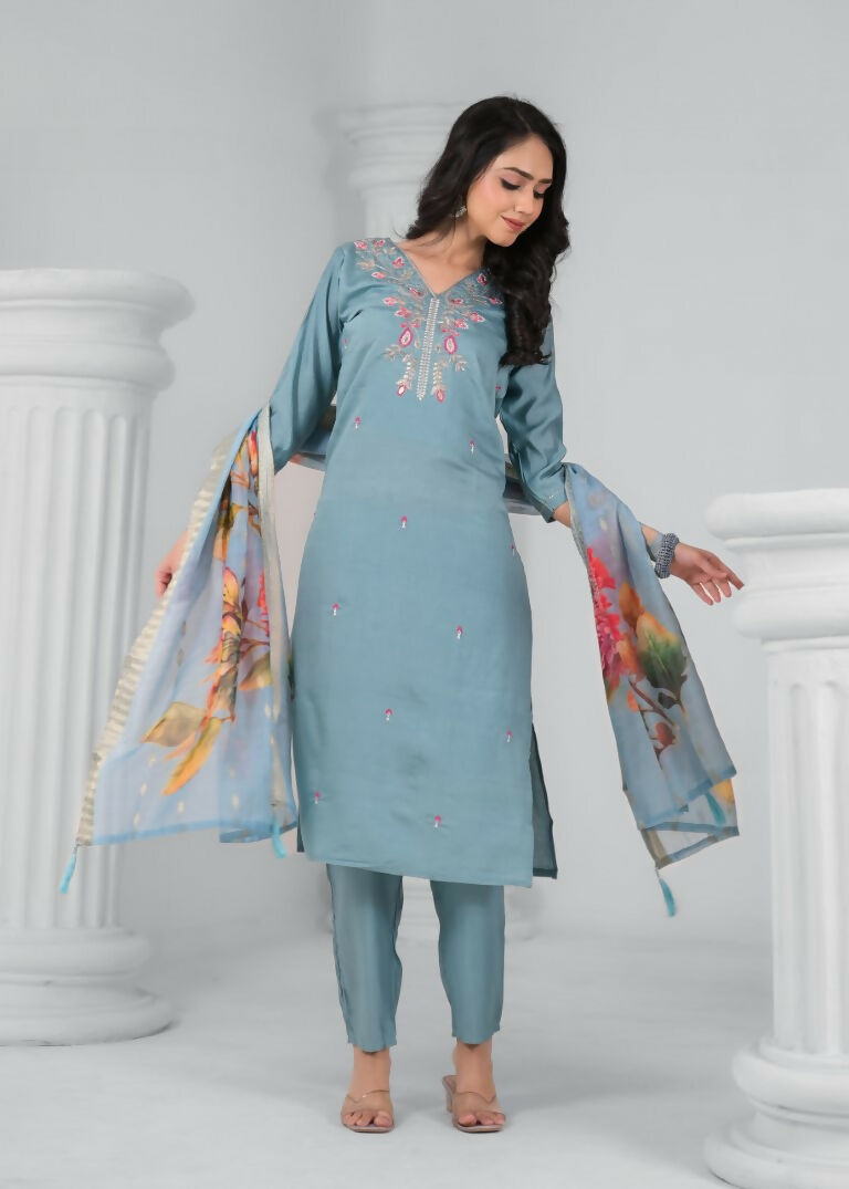 Ethnic Festive Wear Chanderi Viscose Sky Stitched Suit With Dupatta - Tanisha | Grocsy