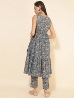 Janasya Women's Blue Cotton Floral Printed Casual Flared Kurta Set | Grocsy