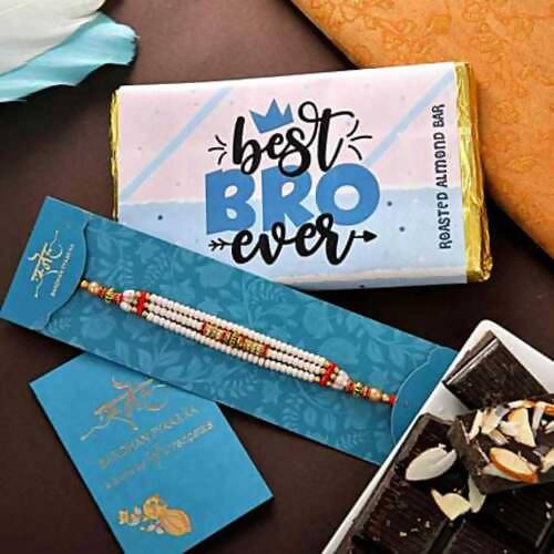 Multistrands Beads Rakhi & Roasted Almond Chocolate Bar Combo | Grocsy