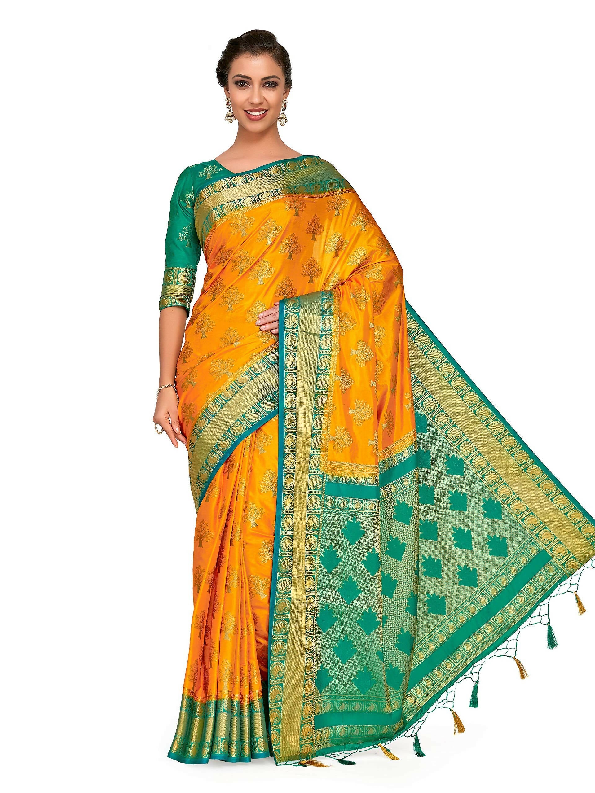 Mimosa Women's Gold Kanchipuram Silk Saree | Grocsy