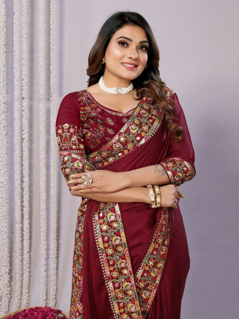 Maroon Silk Georgette Resham And Zari Embroidery Saree - Norita Saumya | Grocsy