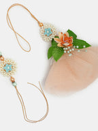 NVR Women & Men Set of 2 Peach Floral Design Pearl Beaded Bhaiya Bhabi Rakhi With Roli Chawal | Grocsy