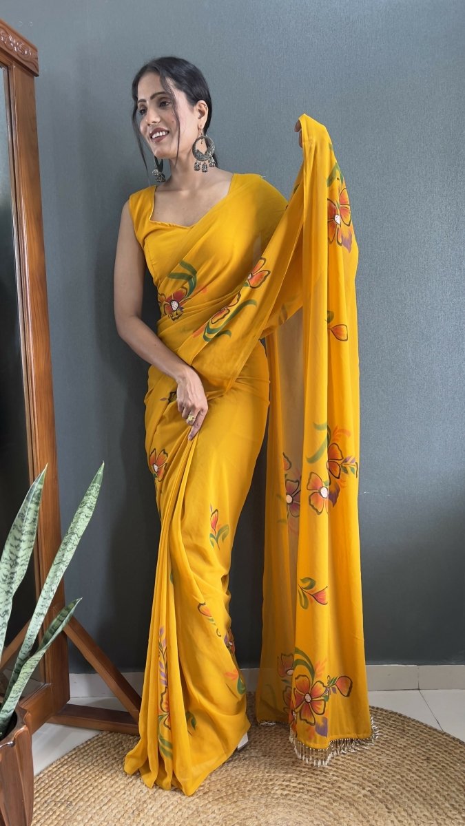 Aayaa Designer 1 min Hand Painted Ready to Wear saree - Mustard Yellow | Grocsy