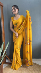 Aayaa Designer 1 min Hand Painted Ready to Wear saree - Mustard Yellow | Grocsy
