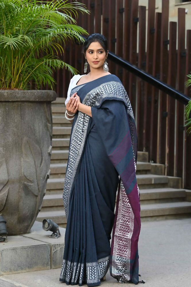 Beatitude Blue Cotton Jacquard Border Tangail Handloom Saree | Grocsy