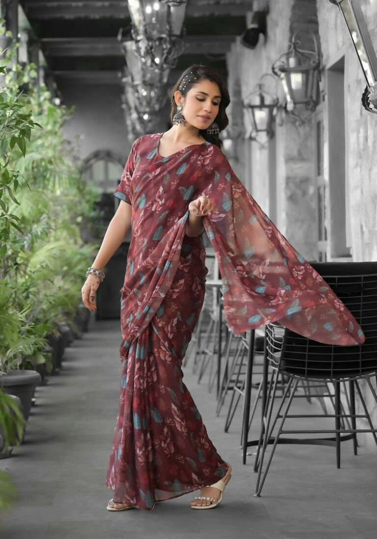stylish Casual Brown Imported georgette Ready to Wear Fancy Saree - Ashwini | Grocsy