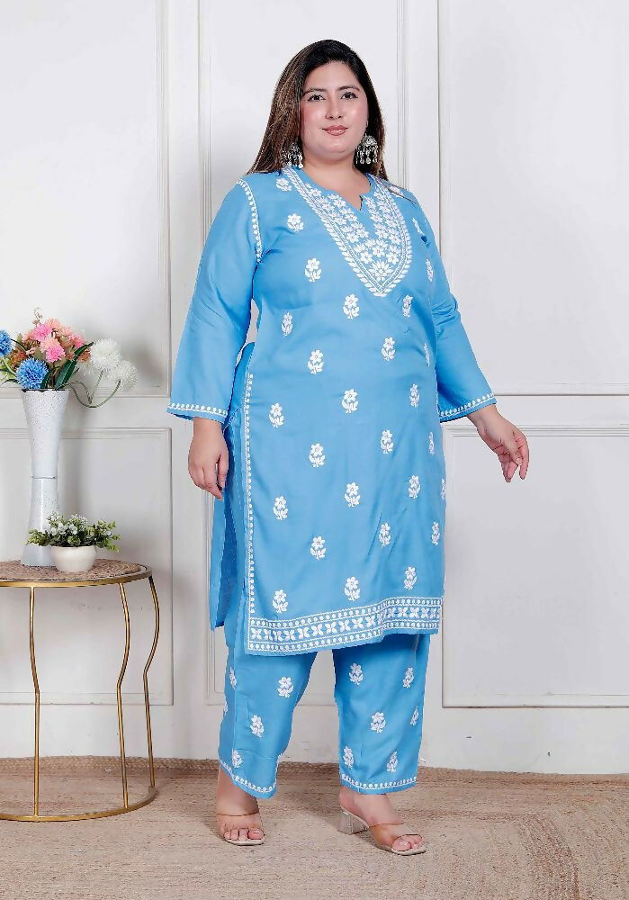 Miravan Womens Plus Size Blue Embroidered Kurta With Palazzo | Grocsy