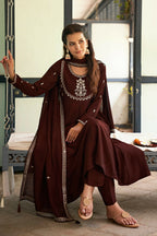 The52 Women's Beautiful Vichitra Silk Fabric Embroidery Work Flared Anarkali Pant and Dupatta Set | Grocsy