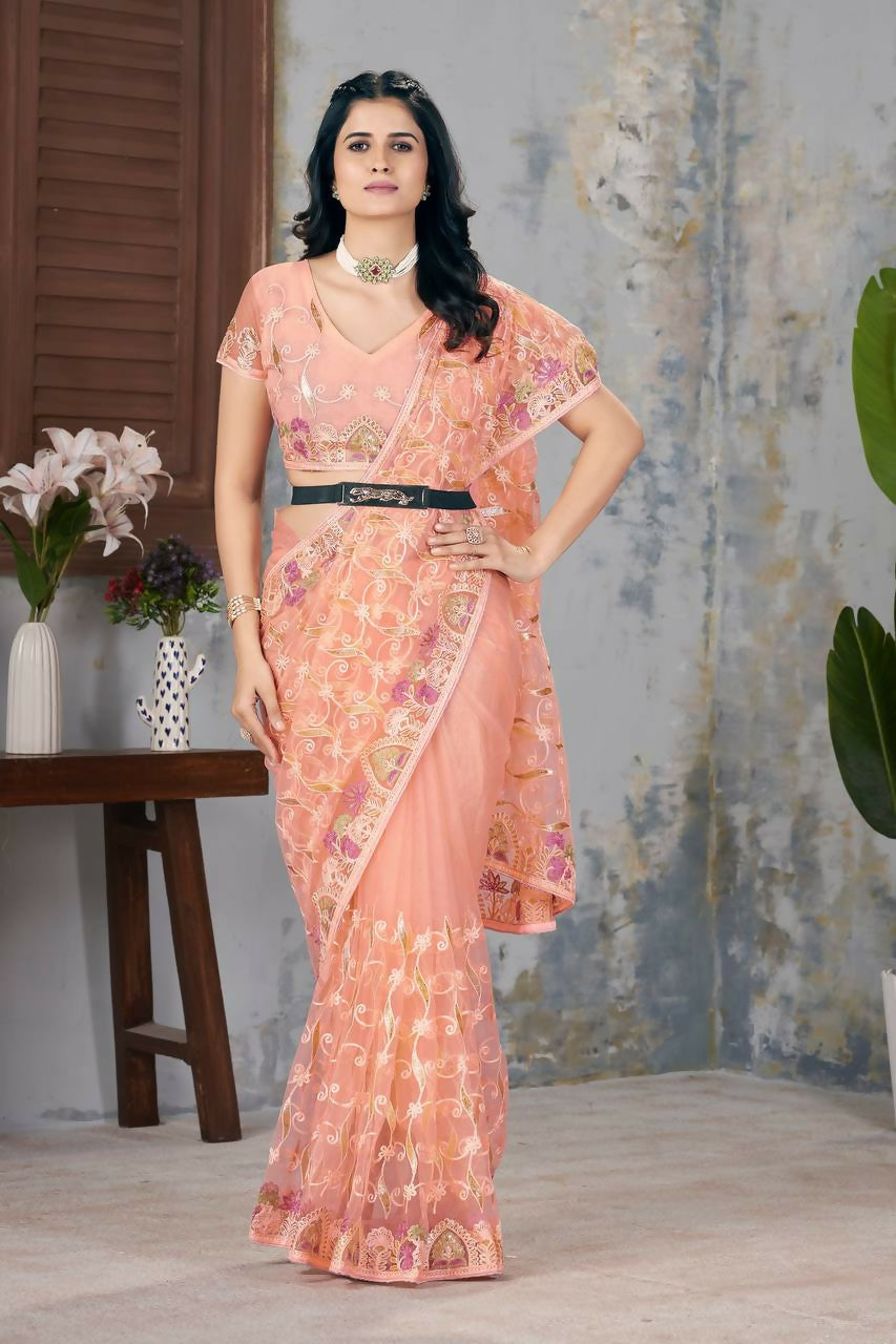 Vastranavya Soft Crush Georgette With Embroidery and Foil Multi Thread Work Saree - Peach | Grocsy
