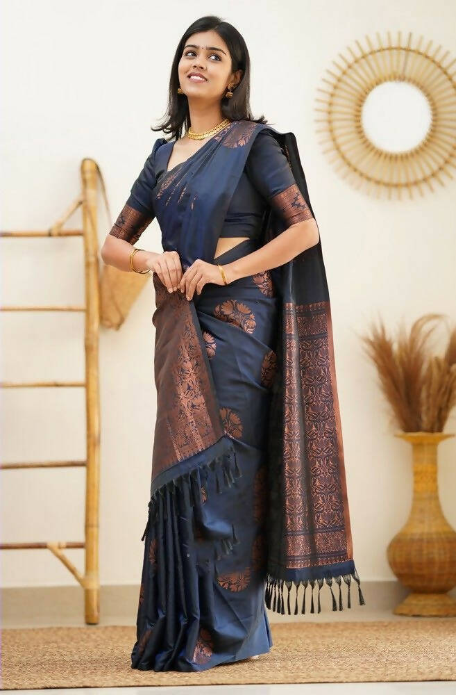DEIANA'S Beautiful Designer Golden zari Soft Lichi Silk Saree - Navy Blue | Grocsy
