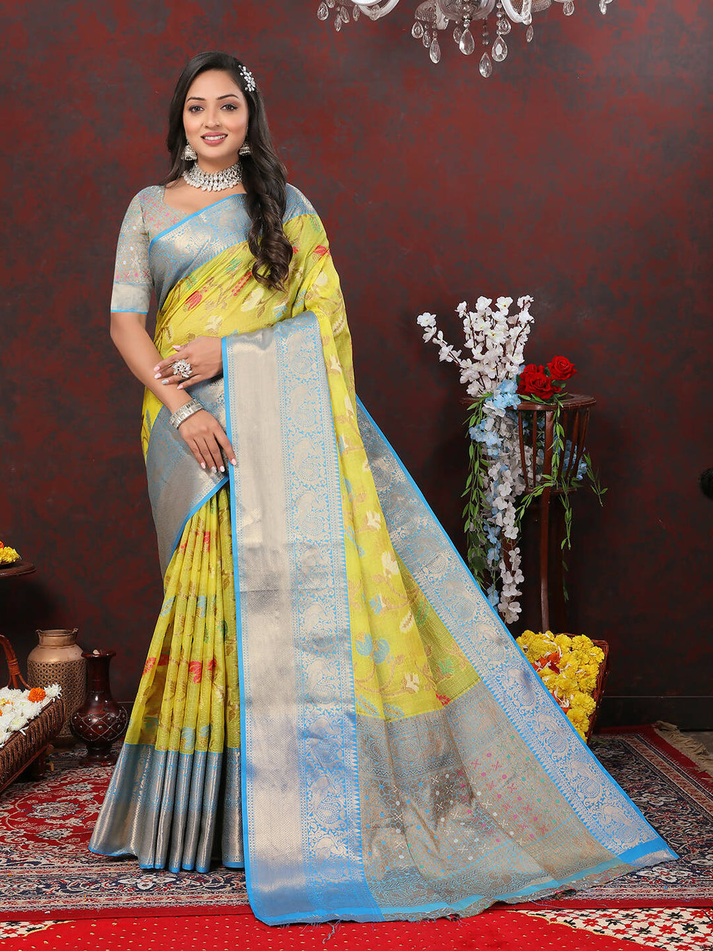Lorenvalley Fashion Yellow Cotton Woven Design Zari Meenakari Weaving Saree | Grocsy