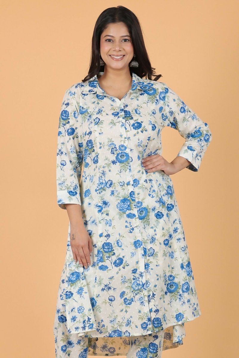 Aramya White Textured Cotton Floral High Low Kurta for Women | Grocsy