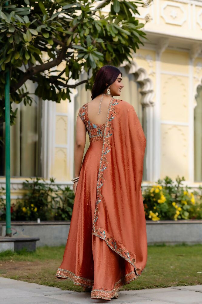 Teeya Creation Orange Color Vichitra Silk Designer Party Wear long Gown | Grocsy