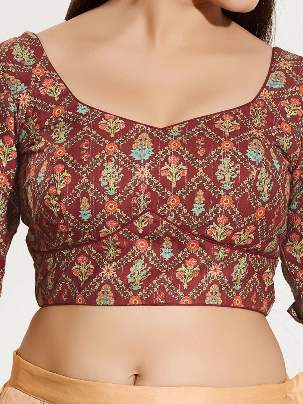 Joban Fashion Maroon Viscose Rayon Padded Blouse With Sweetheart Neck Elbow Sleeves | Grocsy