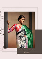 Green Satin Digital Printed Saree with Unstitched Blouse Piece - Jodha | Grocsy
