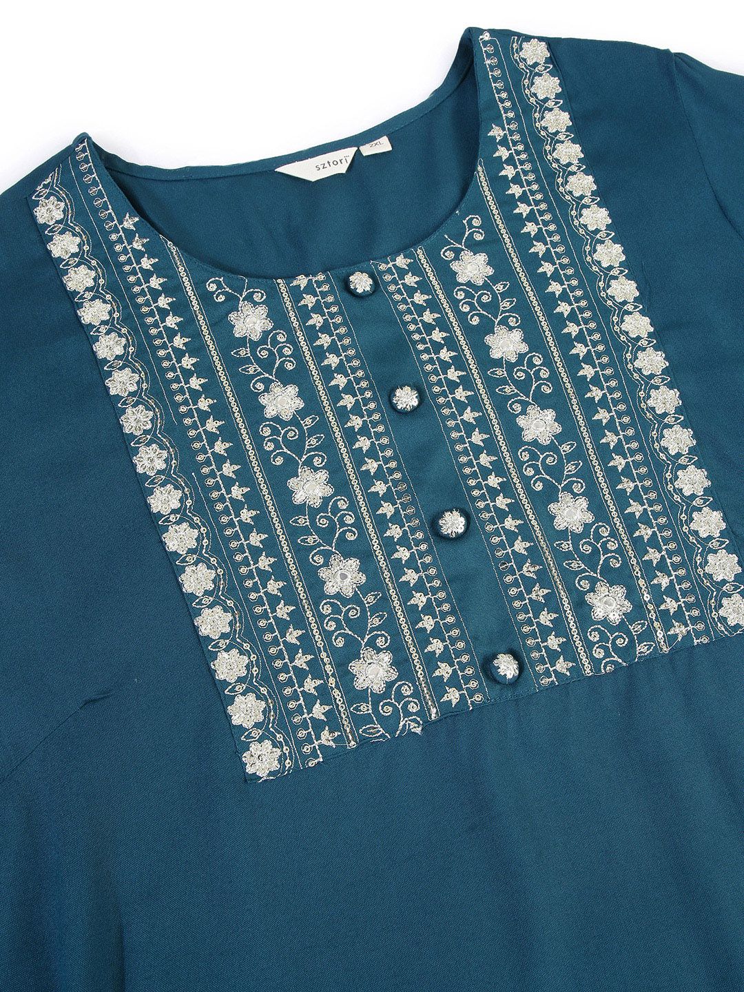 Sztori Plus Size Floral Yoke Design Mirror Work Straight Kurta | Grocsy