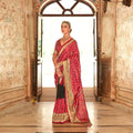 Mojo Red Silk With Banarasi Print Work Saree - Trirath Yamuna | Grocsy