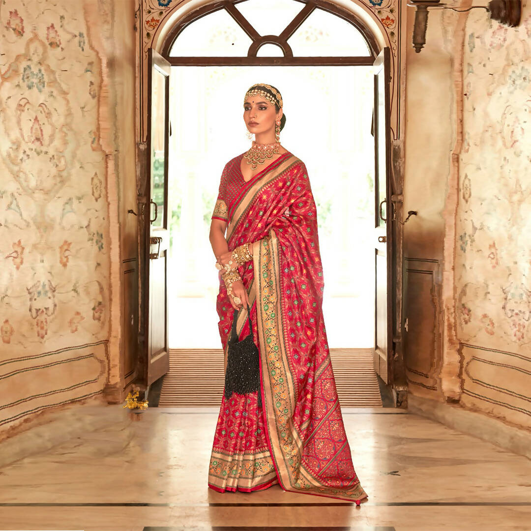 Mojo Red Silk With Banarasi Print Work Saree - Trirath Yamuna | Grocsy