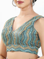 Joban Fashion Blue Multi Silk Padded Blouse With V Neck Sleeveless | Grocsy