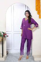 Miravan Women's Purple Solid Rayon Straight Co-Ord Set | Grocsy
