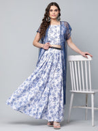 Ahalyaa Women Blue Crepe Printed Top with Skirt with Net Overlay | Grocsy