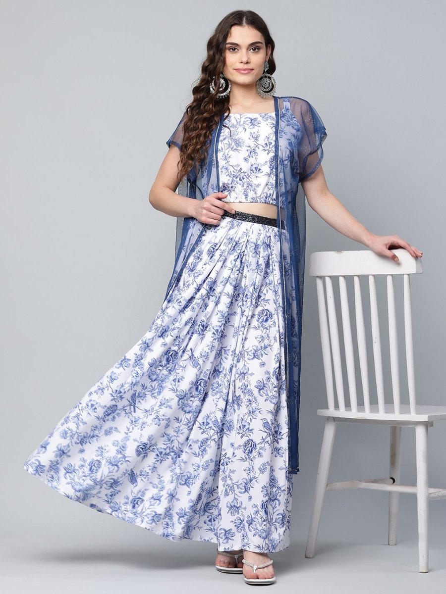 Ahalyaa Women Blue Crepe Printed Top with Skirt with Net Overlay | Grocsy