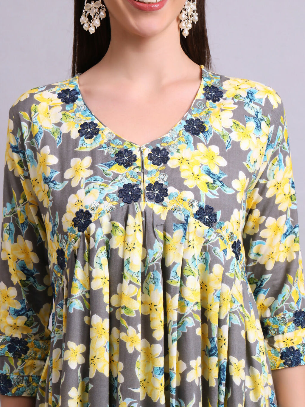 Joban Fashion Yellow Cotton Floral Printed & Embroidery Work Anarkali Dress With Dupatta Set | Grocsy