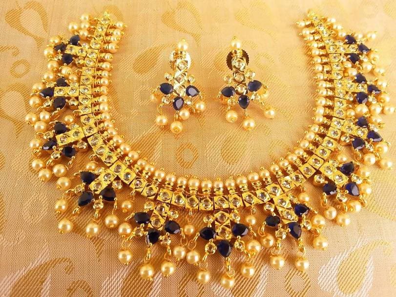 Blue Uncuts Guttapoosalu Necklace Set | Grocsy