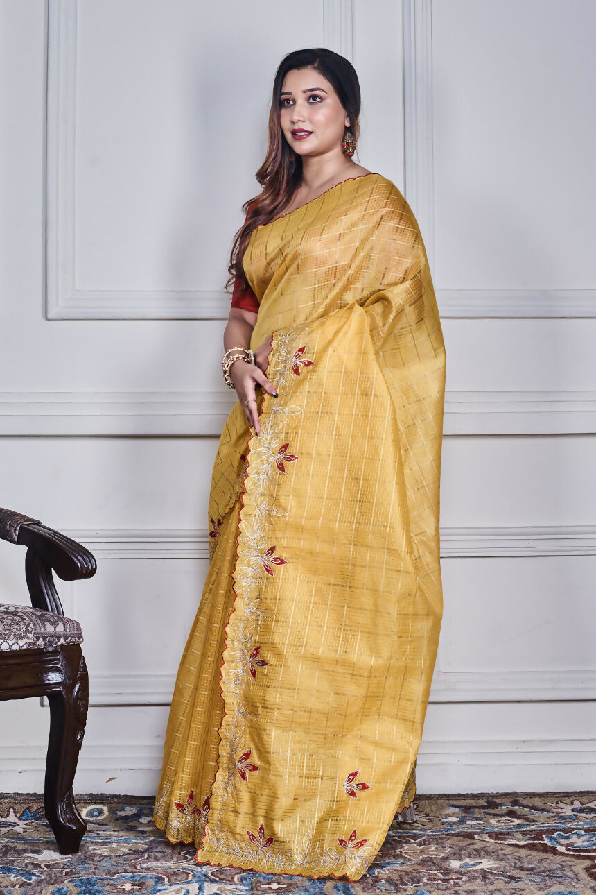 Morchari Yellow Kota Check Zari Embroidery Saree Unstitched Blouse | Grocsy