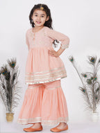 Little Bansi Girls Cotton Gotta Patti Kurta frock with Sharara & Dupatta - Peach | Grocsy