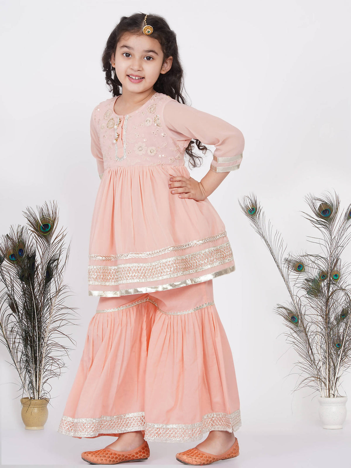 Little Bansi Girls Cotton Gotta Patti Kurta frock with Sharara & Dupatta - Peach | Grocsy
