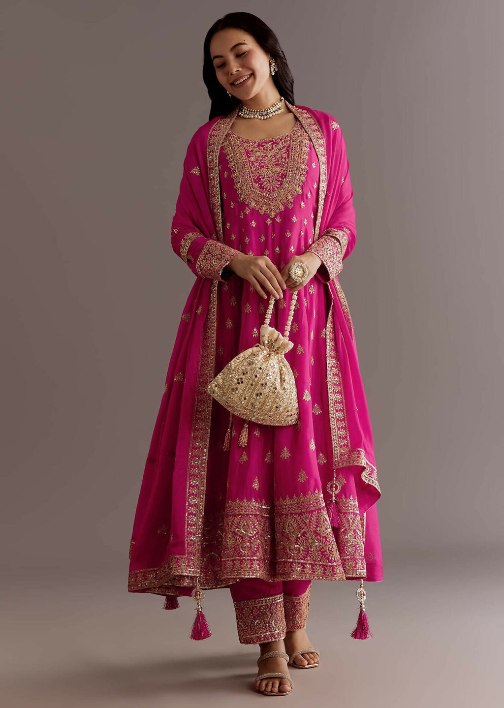 Teeya Creation Pink Color Chinnon Silk Embroidery Work Gown | Grocsy