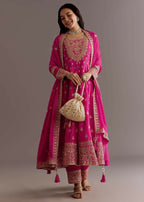 Teeya Creation Pink Color Chinnon Silk Embroidery Work Gown | Grocsy