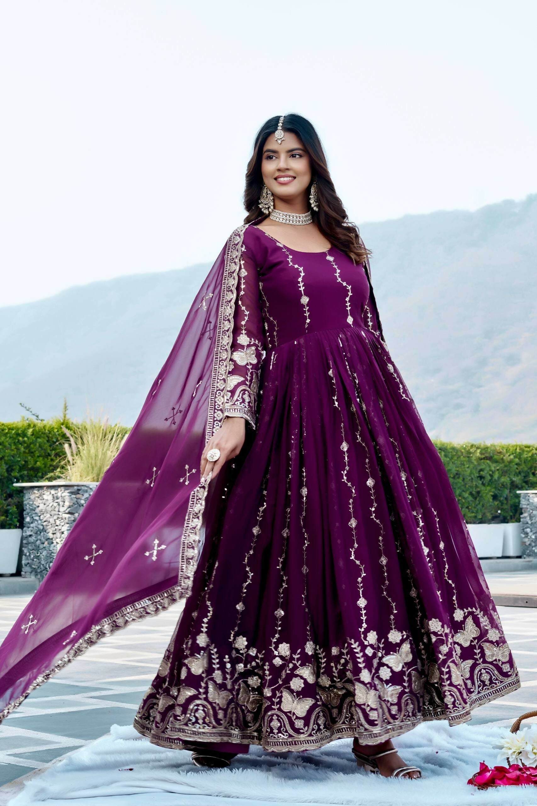 Teeya Creation Womens New Trendy Heavy Cording Sequence & Beads Embroidery Work Purple Gown Set | Grocsy