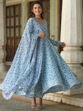 Juniper Women's Blue Cambric Floral Printed Circular Kurta Dupatta Sets | Grocsy