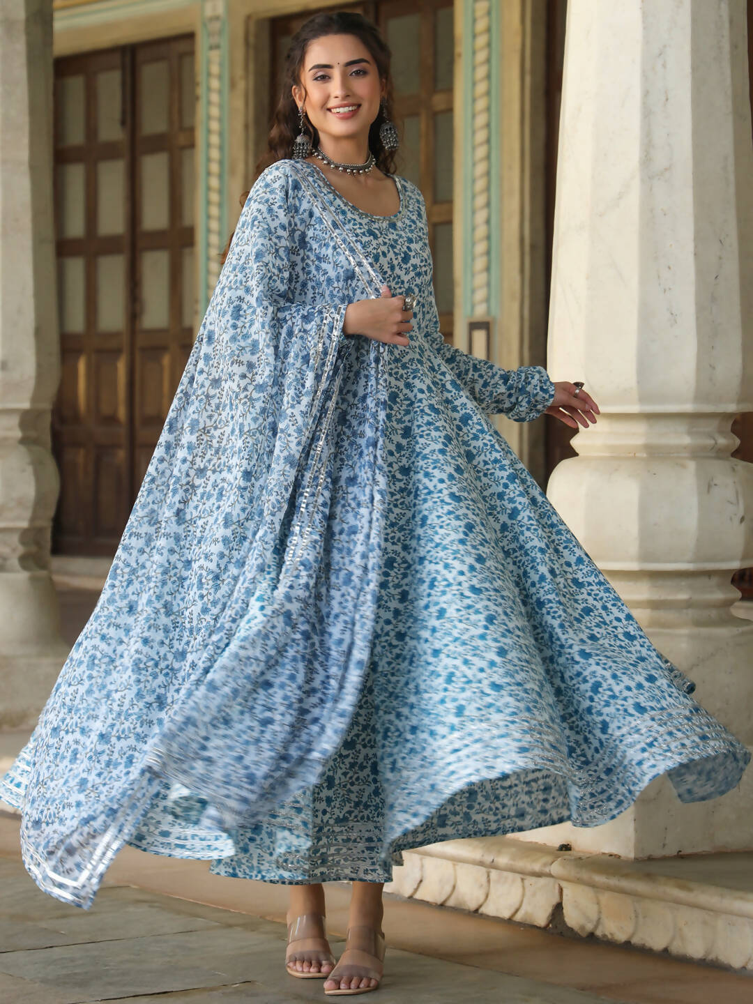 Juniper Women's Blue Cambric Floral Printed Circular Kurta Dupatta Sets | Grocsy