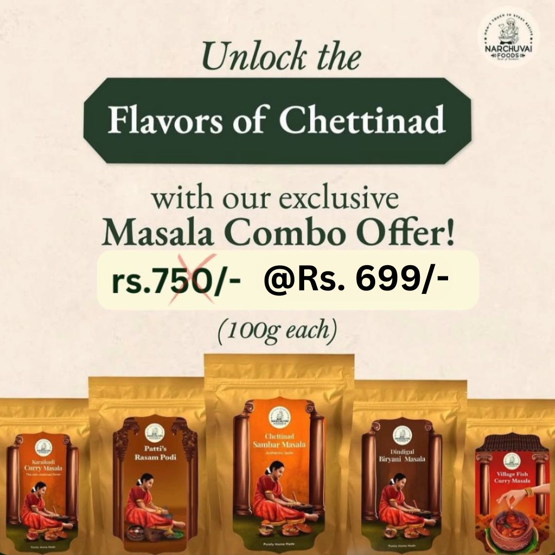 Narchuvai Foods Flavors of Chettinad Combo (Chettinad Sambar Masala + Karaikudi Curry Masala + Dindugul Biryani Masala + Fish Curry Masala + Patti's Rasam Podi) | Grocsy