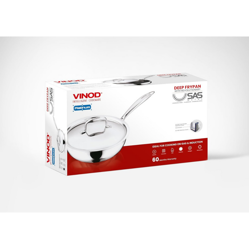 Vinod Platinum Triply Stainless Steel Deep Frying Pan with Lid | Grocsy