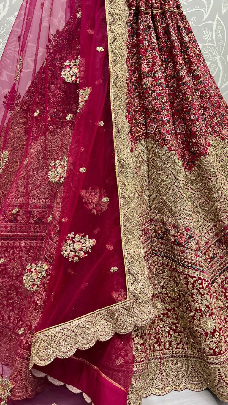 Jyoti Fashion Women's Rani Pink Velvet Fancy Dori & Sequins Multi Thread Embroidered with Diamond Work Wedding Lehenga Choli | Grocsy