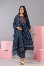Juniper Women Indigo Cotton Cambric Batik texture Printed Kurta, Pants and Dupatta Set | Grocsy