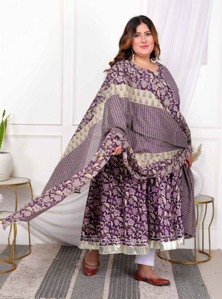 Miravan Women's Plus Size Purple cotton Floral Gota Lace Work Anarkali Kurta And Dupatta | Grocsy