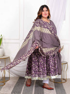 Miravan Women's Plus Size Purple cotton Floral Gota Lace Work Anarkali Kurta And Dupatta | Grocsy