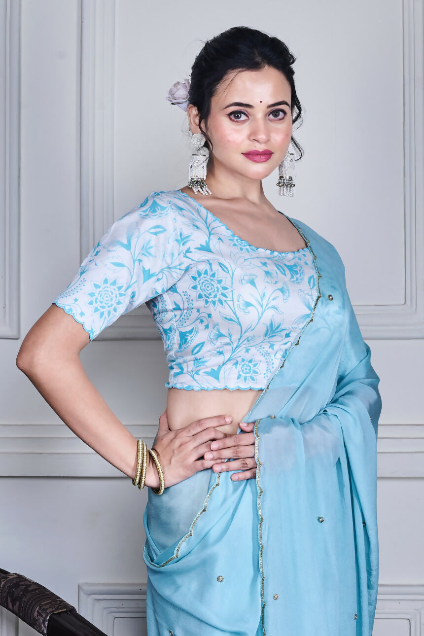 Morchari Blue Chiffon Hand Embroidery Saree And Stitched Blouse | Grocsy