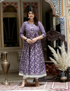 Miravan Women's Purple Cotton Floral Gota Lace Work Anarkali Kurta | Grocsy