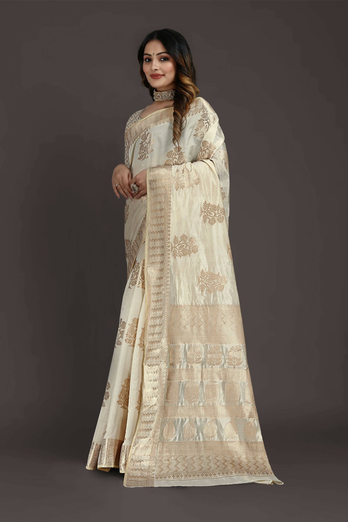 Off White Pure Raw Silk Zari Woven Saree with Unstitched Blouse Piece - Alisha | Grocsy