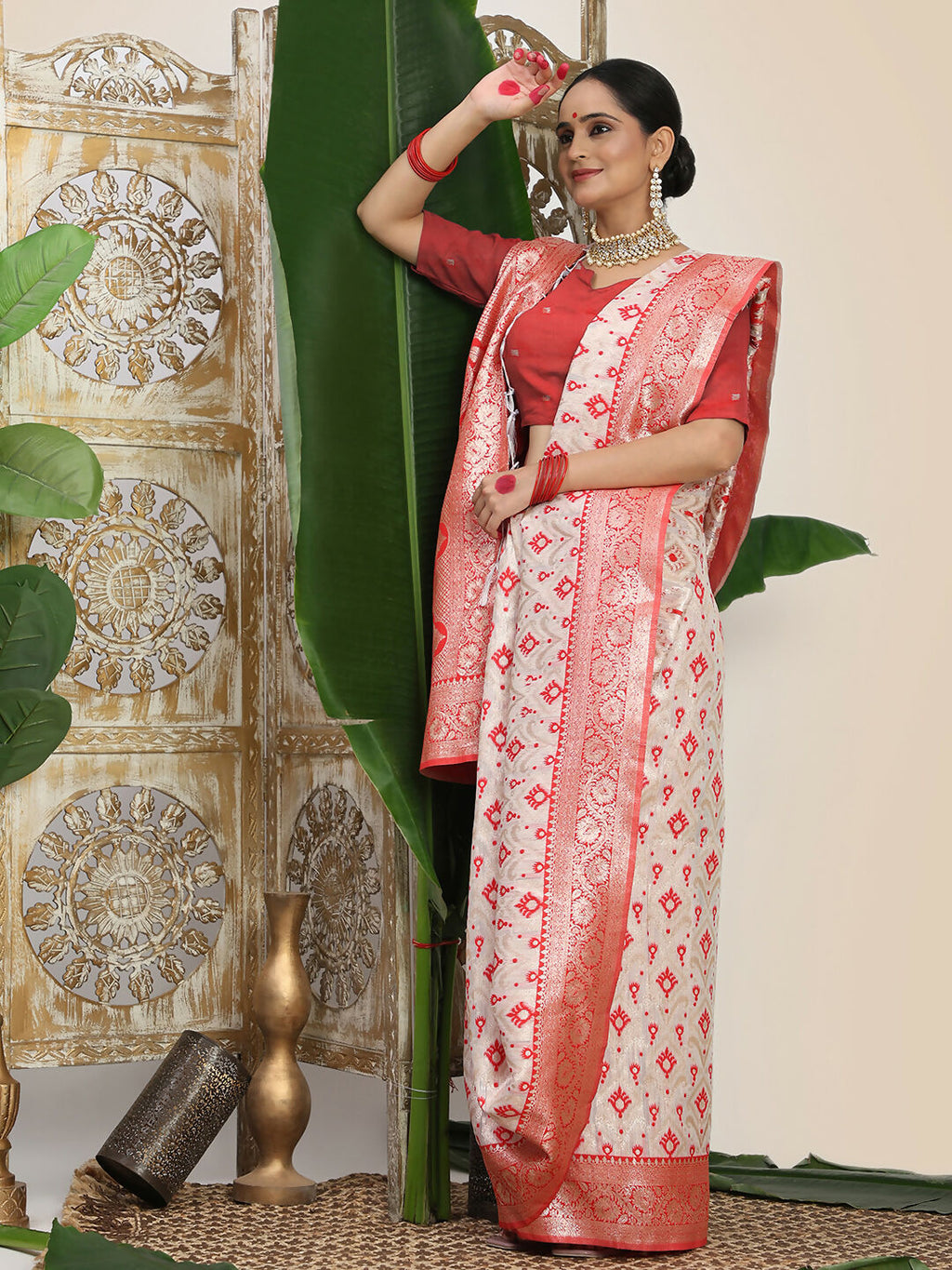 Shree Shyam Fashion Linen Cotton Red & White Saree | Grocsy