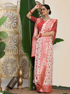 Shree Shyam Fashion Linen Cotton Red & White Saree | Grocsy
