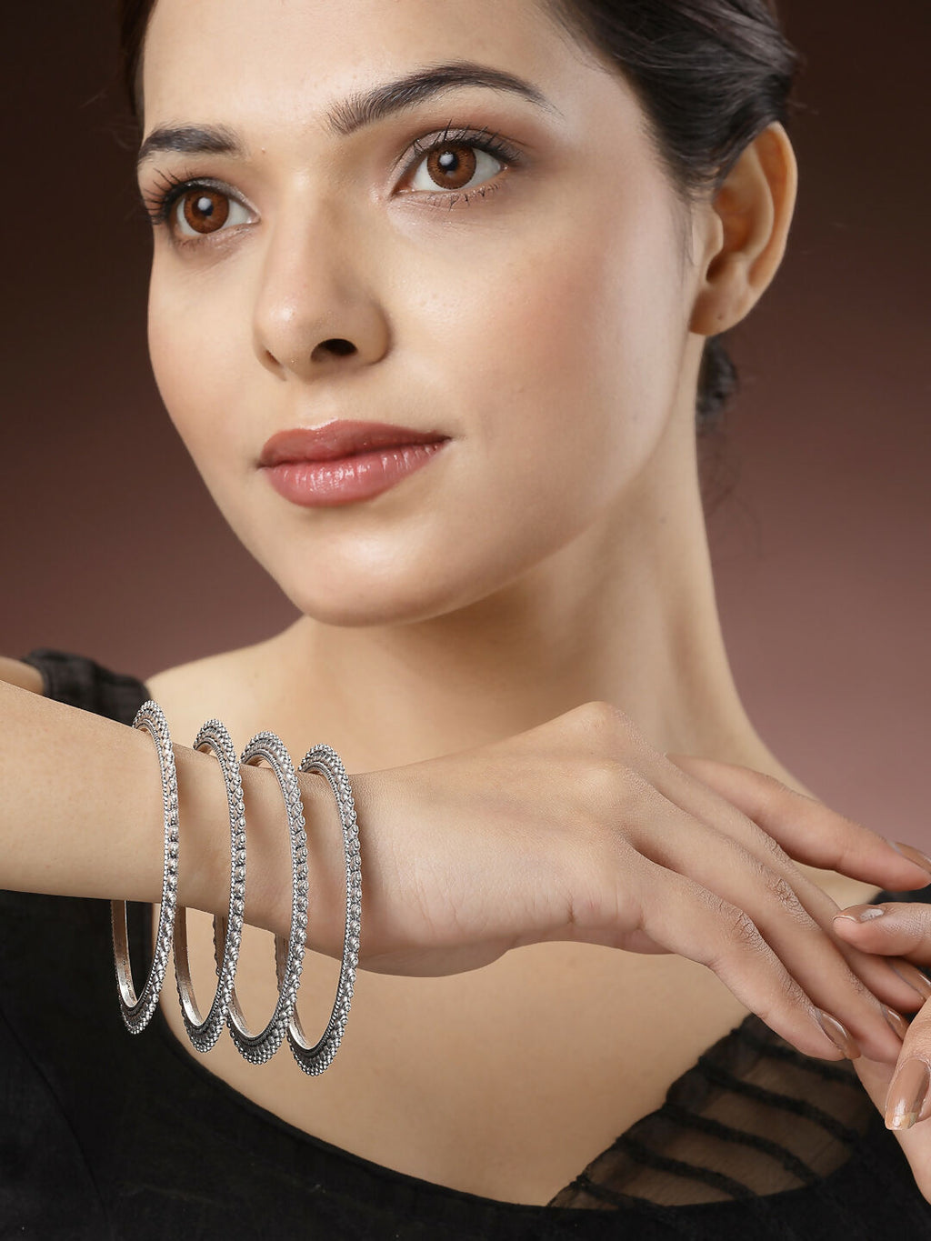 NVR Women's Set of 4 Silver-Toned German Silver Oxidised Bangles | Grocsy