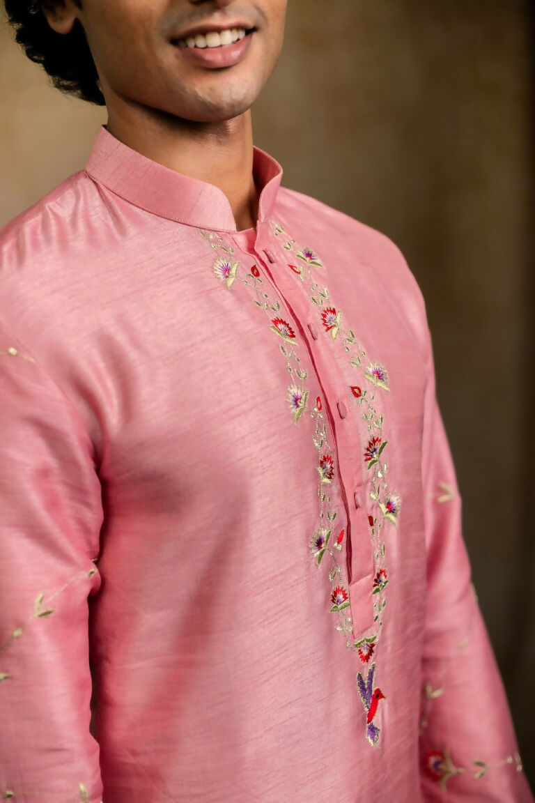 Falling Raw Silk Pink Gulab Pakshi Kurta Set By Hilo Design | Grocsy